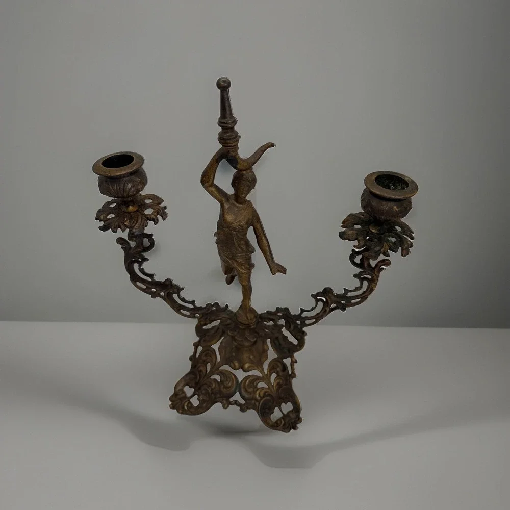 Vintage Bronze Candelabra Lady Figurine 2-Arm Candle Holder Ornate Victorian Bro
